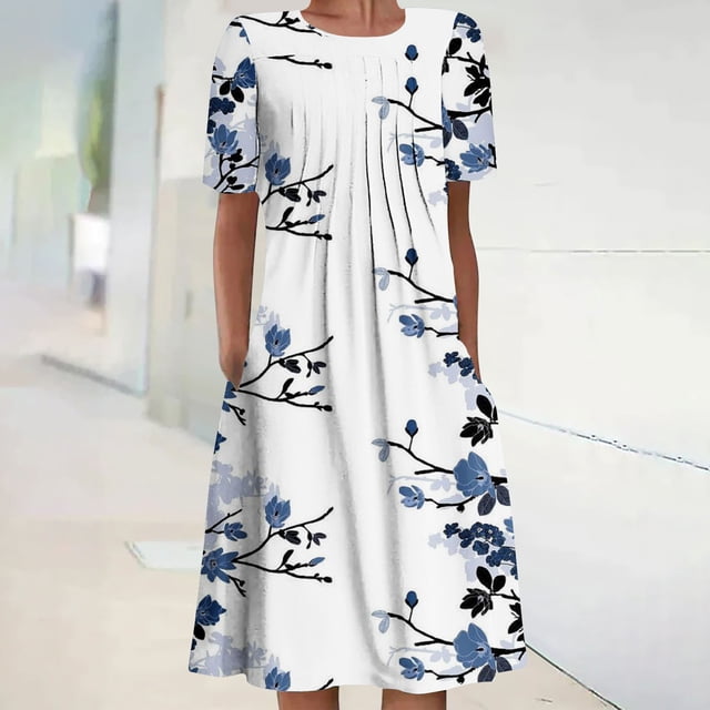 Robe Maxi pour Femmes Été Bohème à Imprimé à Manches Courtes Robe de Plage Robe Longueur Genou Robe à Manches Courtes en Liquidation