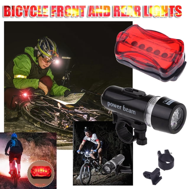 EGNMCR Bike Accessories 5LED Bike Light Super Bright Mountain Bike Headlight and Tail Light Set. This set features a black front headlight with five LED bulbs and a red tail light, both designed for optimal visibility during cycling at night or in low-light conditions. The headlight measures 6.5 x 3.3 cm, and the tail light measures 6.5 x 4 cm. Constructed from durable engineering plastic with a rubber gasket, the lights are lightweight at approximately 110 grams and powered by 2 AAA batteries (not included). The image showcases the lights in action during nighttime cycling, emphasizing their brightness and ease of installation.