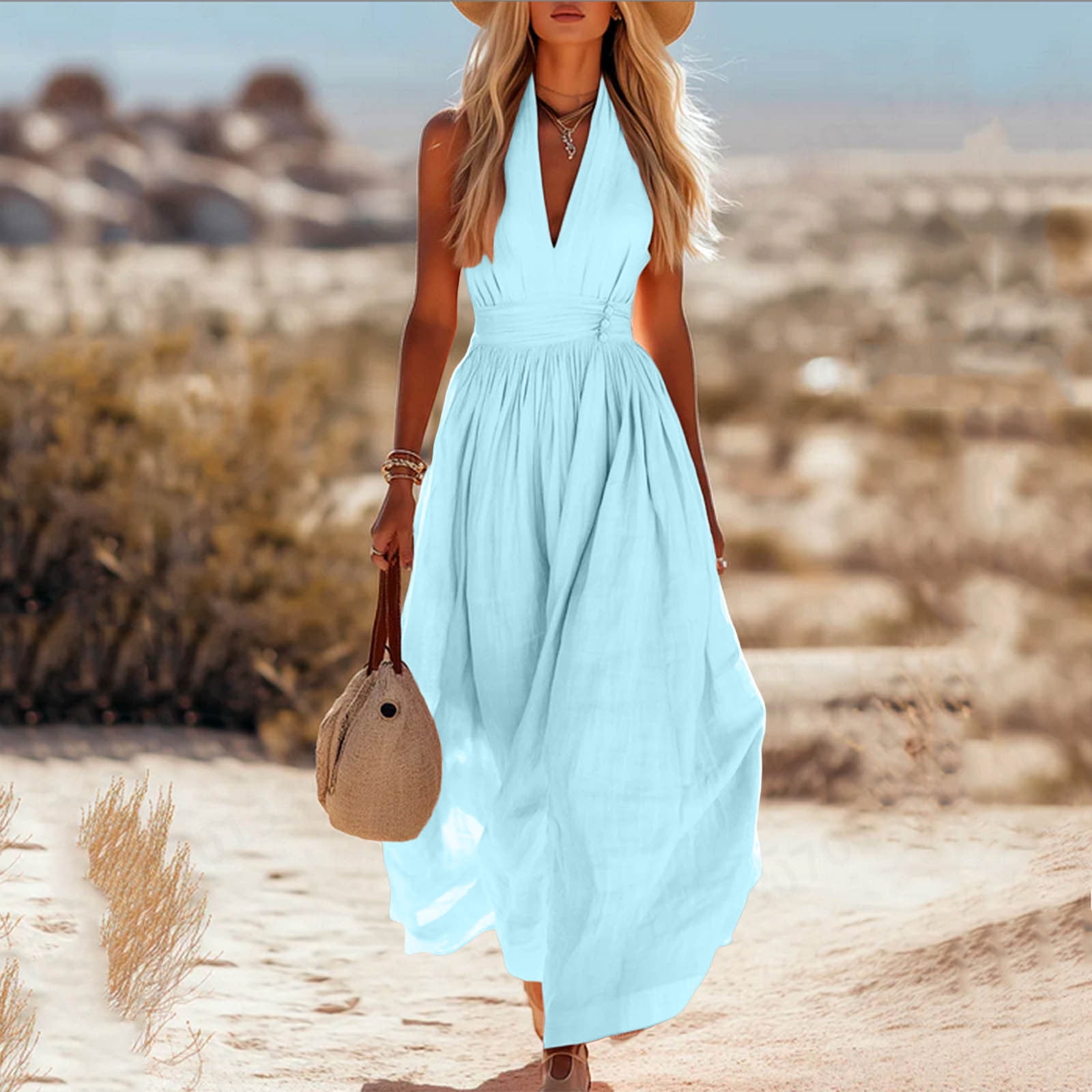 halter flowy maxi dress Women's Dresses Neck Elastic Waist Dresses Casual Boho Vacation Style Lightweight Breathable Loose Fit Summer Dresses Dormez durablement