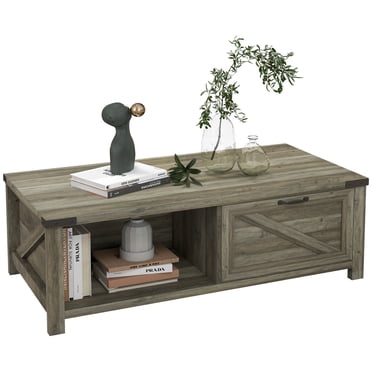 HOMCOM Farmhouse Coffee Table with Drawer and Storage Shelf for Living Room