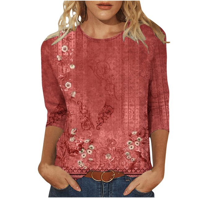 DPTALR T-shirt Imprimé Femme Mi-Longueur Manches 3/4 Blouse Col Rond Tops Décontractés