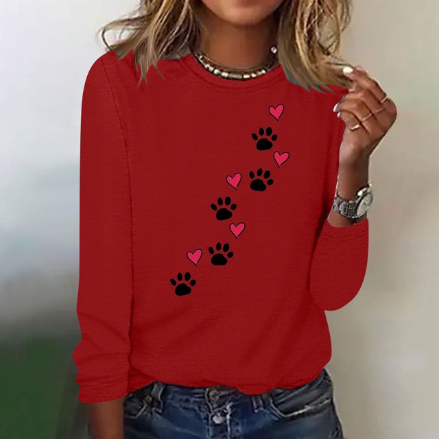 XZNGL Womens Printed Round Neck Pullover Long Sleeved Casual Womens
