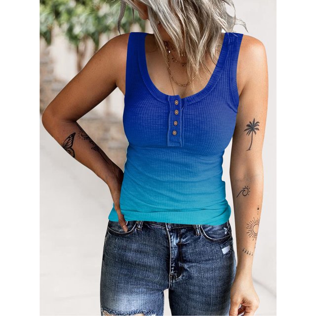 Haut Sans Manches Côtelé pour Femmes, Camisole Basique à Boutons Col Rond Décontracté Extensible pour Quotidien Dégradé Bleu, Dégradé Rose, Dégradé Rouge, Dégradé Violet, Rose Bleu, Noir Blanc
