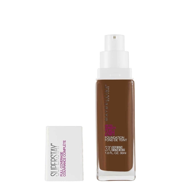 Maybelline New York Super Stay® Full Coverage Foundation 30 ml in shade 370 Deep Bronze, in a clear rectangular glass bottle with a white pump dispenser and detached white cap with purple text, providing 24-hour full coverage wear and a flawless finish, often used for blending with fingertips or sponge.