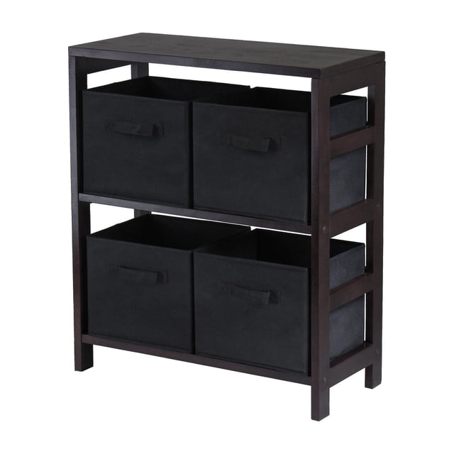 Winsome 92261 Capri Étagère de Rangement avec Cadre en Bois Massif et composite à 2 Sections, Fini espresso, Comprenant Quatre Paniers en Tissu Pliables Noirs avec Poignées, Mesurant 10,9 Pouces L x 10 Pouces P x 9 Pouces H, Convient à la Décoration Intérieure et à l'Organisation des Étagères Murales d'Exposition, Souvent Utilisée pour Ranger des magazines, des Jouets Ou des Accessoires Saisonniers.