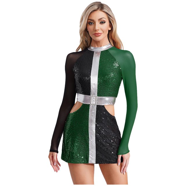 Jhaoyu Robe Déguisement des Années 60 pour Femmes, Mini Robe à Sequins Scintillants, Tenues de Spectacle, Vert m