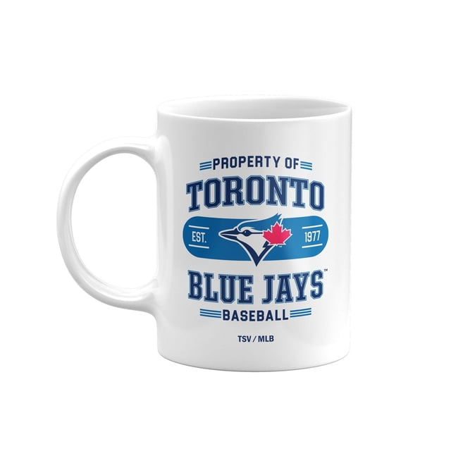 2 mug set 11oz MLB Toronto Blue Jays with white ceramic mugs featuring blue and red team logo and 'Property of Toronto Blue Jays Baseball Est. 1977' text, sturdy build with large handles, microwave and dishwasher safe, suitable for anniversary party tableware and gifts.