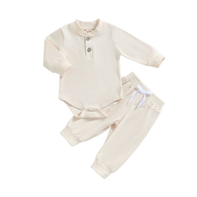 SUNSIOM Baby Boy 2 Piece Outfit Solid Color Button Long Sleeve Rompers and Elastic Pants Fall Clothes