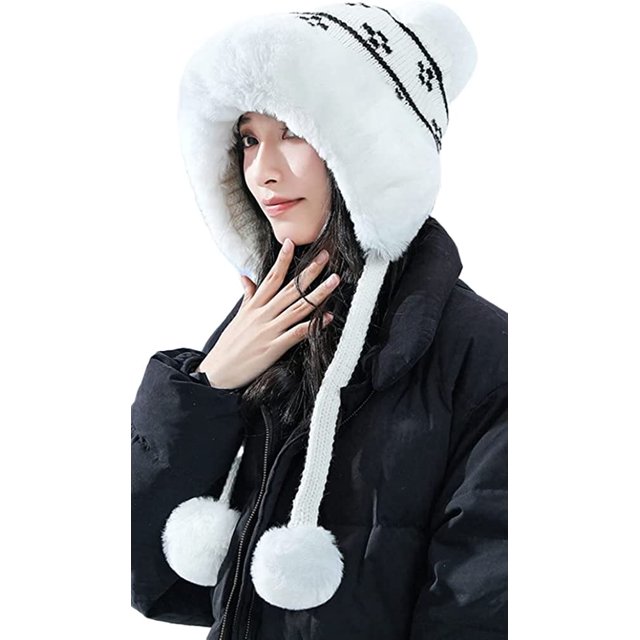 LinYooLi Bonnet Femme Mignon Pompon Tricoté Doublé Fausse Fourrure Chapeau Chaud d'Hiver