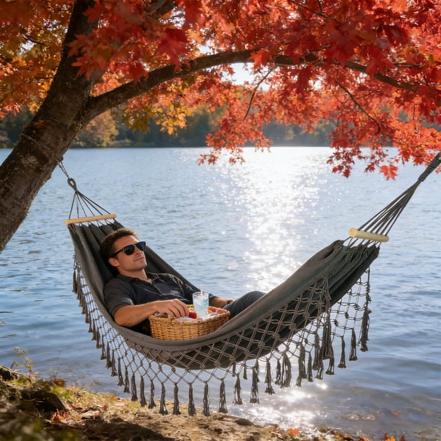 EGNMCR Camping et Randonnée Hamacs de Camping Doubles avec Franges Anti-Basculement à Pampilles Toile Robuste Balançoires d'Extérieur Lit pour Cour Arrière Patio Maison Véranda Hamacs de Jardin Portatifs Robustes Balançoire en Nylon