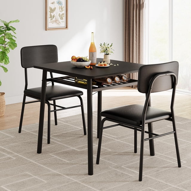 Garvee Small Dining Table Set for 2, 3-Piece Square Kitchen Table with 2 Upholstered Chairs, Black