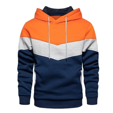 RXIRUCGD Men's Fashion Sports Patchwork Color Loose Sports Warm Pocket Long-sleeved Hoodie, Orange, Size: L