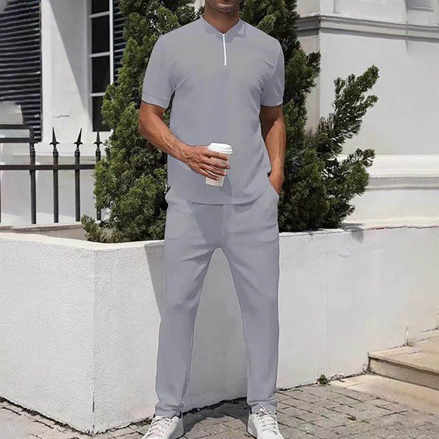 tumgatte Men's Leisure Sports Set Short Sleeve Knitting Split Solid Color Two-piece Round Neck Top Set Clearance