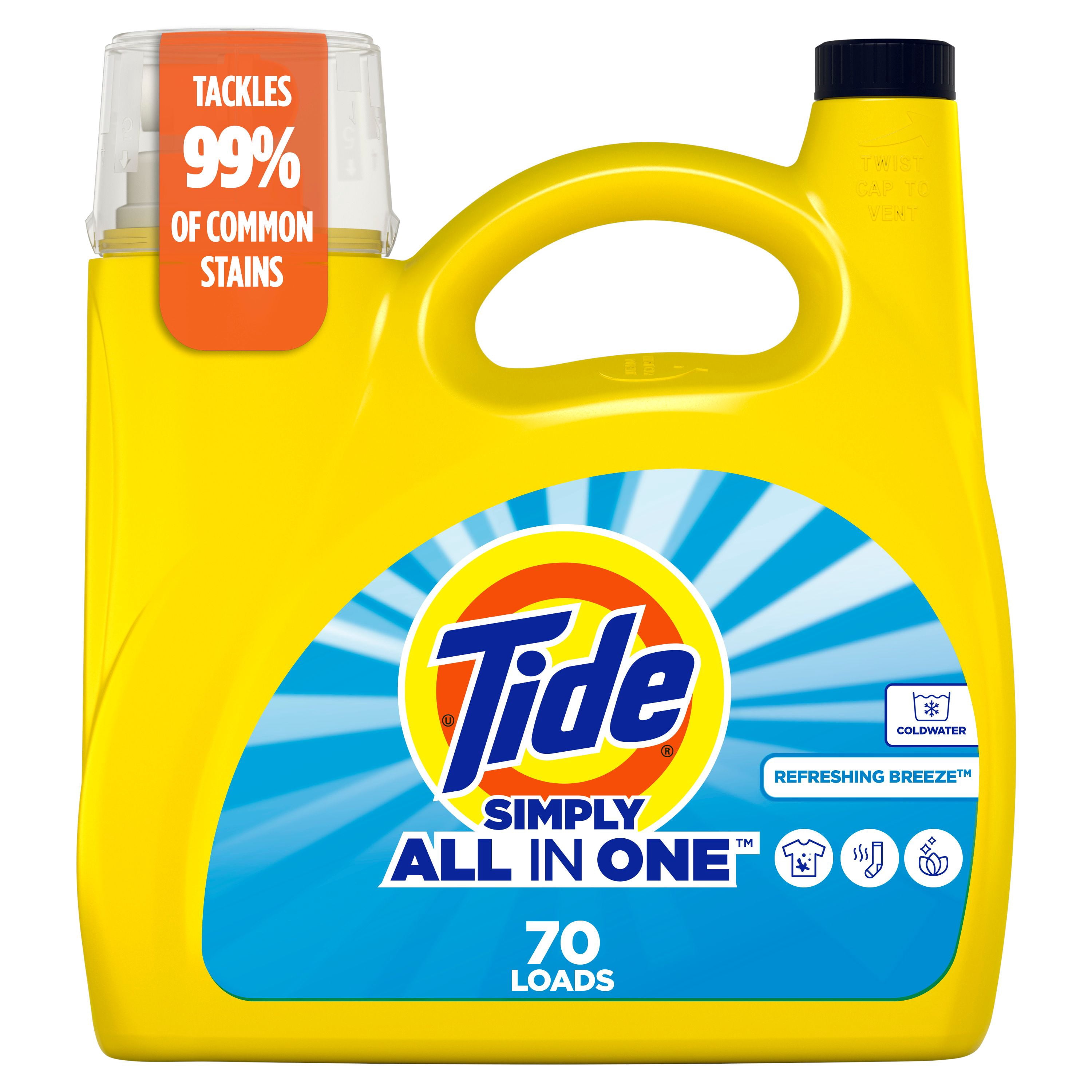 Tide Simply All-In-One Liquid Laundry Detergent, Refreshing Breeze Scent, 2.72 L, 70 Loads