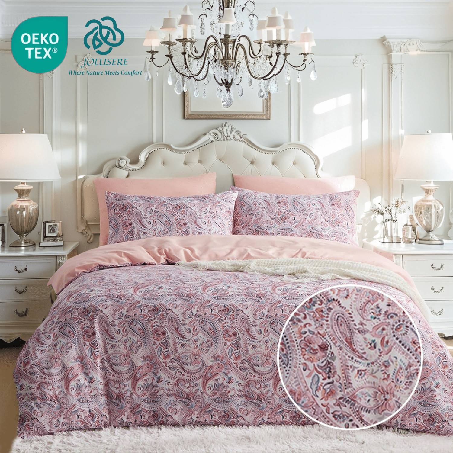 JOLUSERE Ensemble de Housse de Couette Boho Format Très Grand, 3 Pcs Fleurs Vintage Roses Réversible Housse de Couette en Microfibre Douce