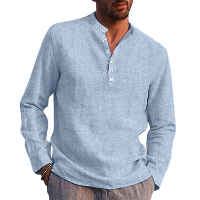 PENGXIANG Men Solid Neck Shirt Loose Long Sleeve Blouse