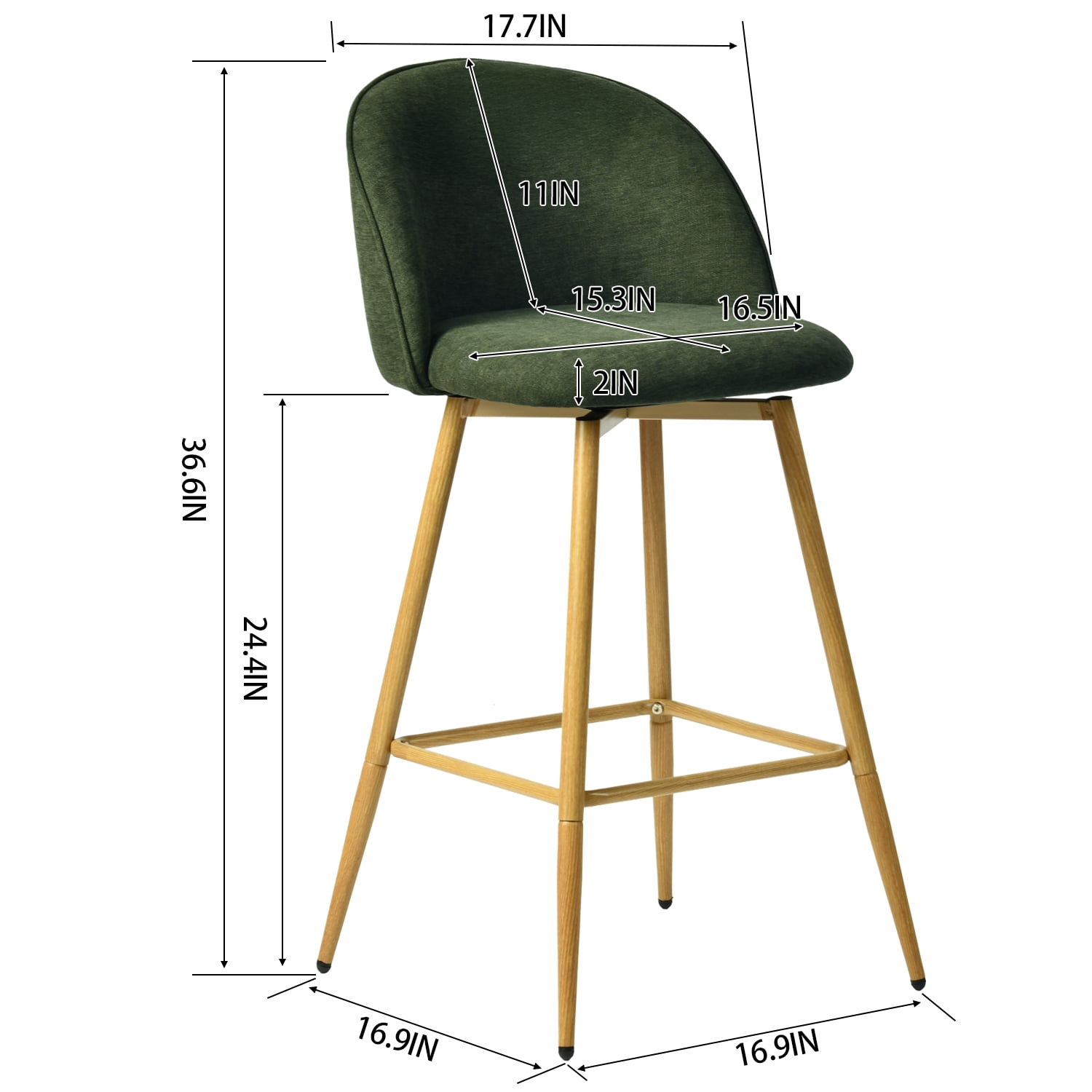 Homy Casa Ensemble de 2 tabourets pivotants 24.4", chaises vertes en tissu pour îlot de cuisine et bar maison