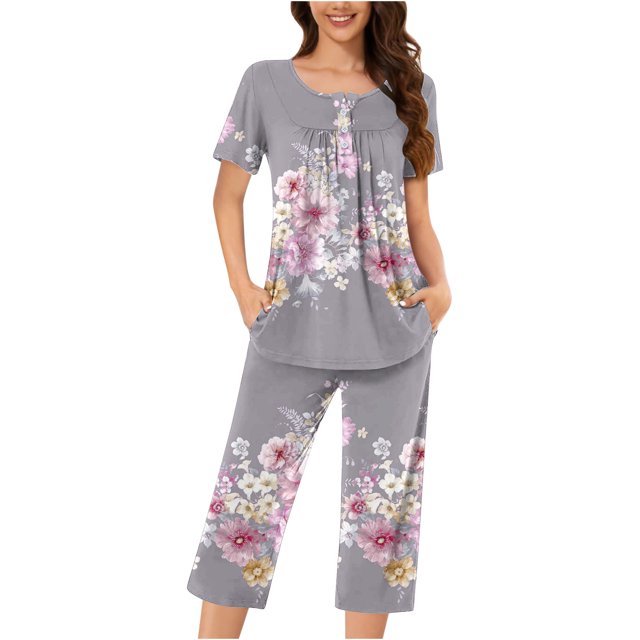 Rbaofujie Nuisette pour Femmes Femme Décontractée Col Rond Manches Courtes Blouse Pantalon Mode Pyjama Ensemble Tenue de Nuit pour Femmes