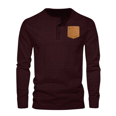 AherBiu Men's Long Sleeve Shirts Crew Neck Button Slim Fitted Casual Pullover Shirt with Pockets Fall Winter Tee Tops