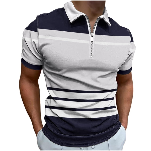 T-shirt Imprimé à Col à Revers à Manches Courtes avec Fermeture Éclair pour Hommes, Coupe Ample