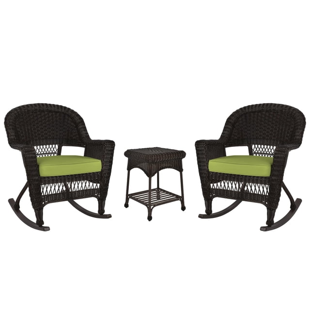 Jeco 3pc Wicker Rocker Chair Set in Espresso with Green Cushion