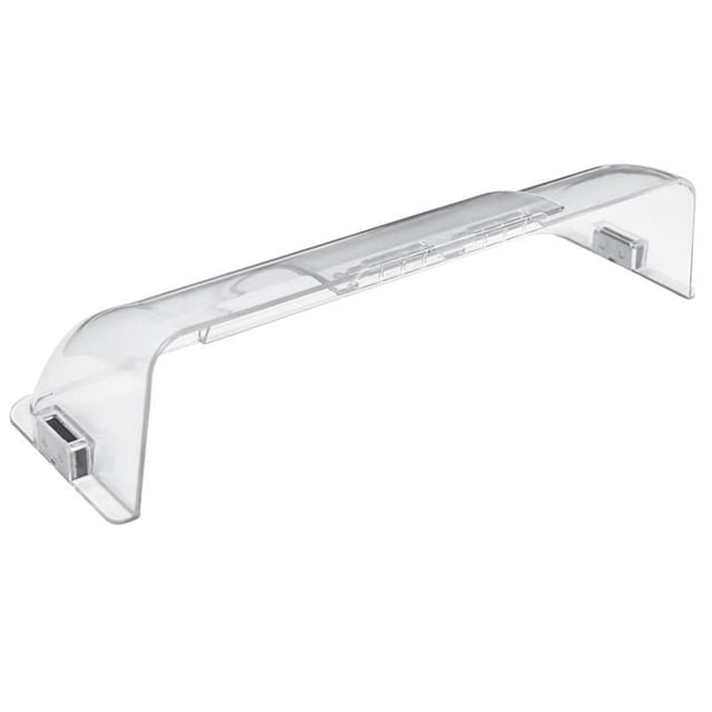 Adjustable Air Deflector Shatterproof made of clear scratch-resistant plastic with a textured finish, shown in a 3/4 angled view. This oversized deflector adjusts from 7 to 12.5 inches wide to fit floor registers and redirects airflow for optimal heating or cooling efficiency. It attaches easily to wood, plastic, and metal registers with included magnetic strips and self-adhesive tape.