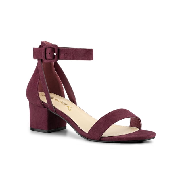 BLISSFUL STEP Women's Ankle Buckle Strap Chunky Heel Sandal Shoes Burgundy 9.5
