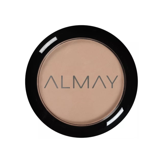 Almay Pressed Powder Makeup in a round compact with black rim and clear lid showing beige pressed powder, a hypoallergenic, oil-free setting powder that mattifies skin and controls shine for lightweight coverage and touch-ups.