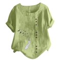 thumbnail image 1 of Birdeem Haut Décontracté à Manches Courtes pour Femmes Grande Taille Col Rond Imprimé Plumes Ample en Coton Lin, 1 of 1
