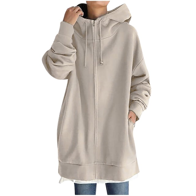 Womens Solid Color Hoodie Zipper Long Sleeve Sweatshirts Pockets Long Coat Tops
