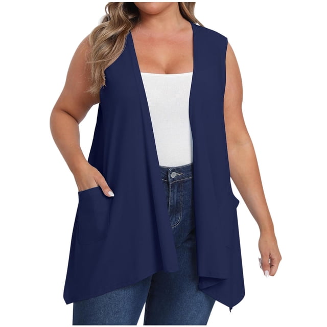 VEKDONE Plus Size Woman Solid Color Cardigan Pocket Sleeveless Tops Blouse T-Shirt Navy XL