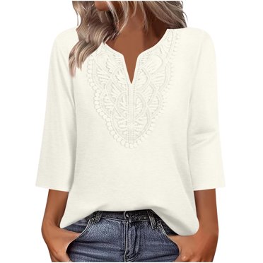 BLVB 3/4 Length Sleeve Womens Tops Boho V Neck Lace Shirt Trendy Blouses Dressy Casual Spring Summer Vacation Clothes