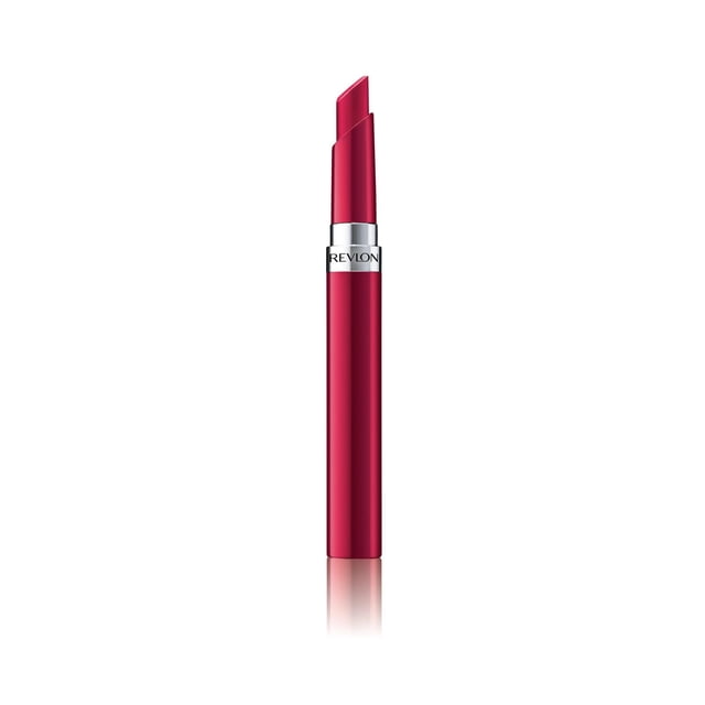 Revlon Ultra HD Rouge à Lèvres Gel en tube Rouge Mince avec Bande Argentée Montrant le logo Revlon, Doté d'Une Pointe de Rouge à Lèvres Inclinée en Rouge Vif, Offrant une Couleur de Lèvres Légère et Hydratante avec Acide Hyaluronique, Idéal pour le Maquillage Quotidien.