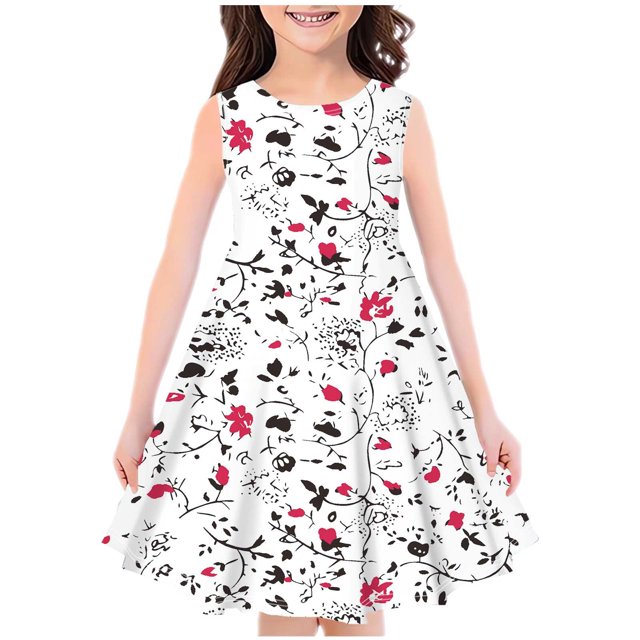 Yanlir Robe d'Été Sans Manches pour Filles 2025 Nouvelle Robe de Vacances à Col Rond Imprimée à la Mode pour un Port Quotidien Élégant et Confortable 4-14 Ans (Blanc, 11-12 Ans)