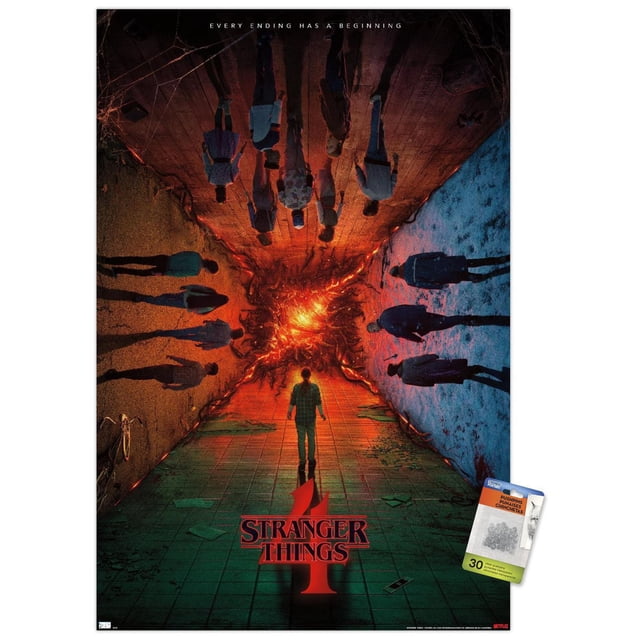 Netflix Stranger Things : Saison 4 - Affiche Murale Teaser de Groupe en une Feuille, 22,375 Pouces x 34 Pouces, Représentant des Personnages Debout sur Trois textures de Plancher Différentes Convergeant vers une fissure Ardente et Lumineuse, avec le logo Stranger Things 4 au Bas, Imprimé sur du Papier d'Affiche Lustré Idéal pour l'Art Mural et la Déco de Pièce.