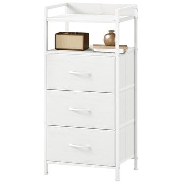 Eunos Small White Nightstand, 3 Vertical Fabric Drawer Dresser for Bedroom, Living Room, Hallway