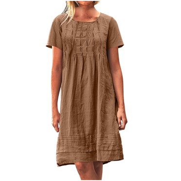 LOVZFMLL Robes pour Femmes Été Tendance Manches Courtes Amples Confortables Robes Plissées Plage Décontracté Longueur Genou Robe d'Été Vert Armée m