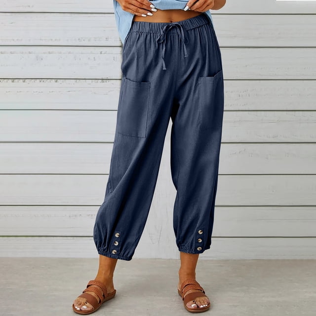 Baisses d'Été! Georges Pantalons de Randonnée Joggers Mode Femmes Été Décontracté Amples Coton et Lin Poche Pantalons Unis Pantalons