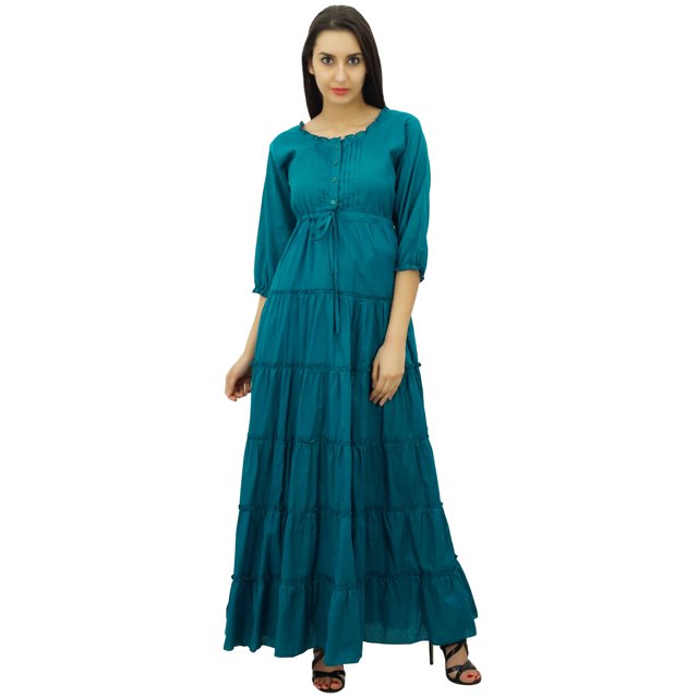 Bimba Robe Maxi d'Été en Coton à Manches 3/4 pour Femme, Taille à Cordon