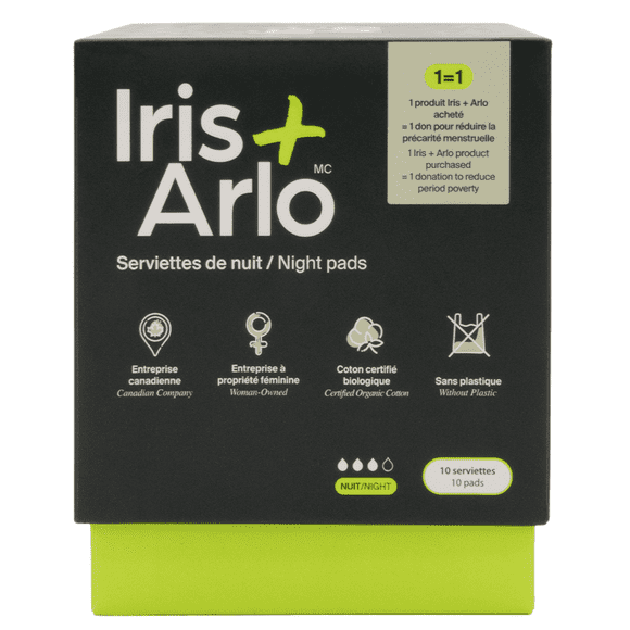 Iris + Arlo Organic Pads 100% Cotton | Super (10 Count) Sanitary Pads for Women + all Menstruators with Wings