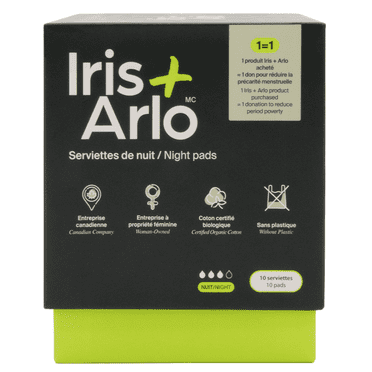 Iris + Arlo Serviettes Hygiéniques Biologiques 100 % Coton / Super (10 Unités) Serviettes Hygiéniques pour Femmes + Toutes les Personnes Menstruées avec Ailes
