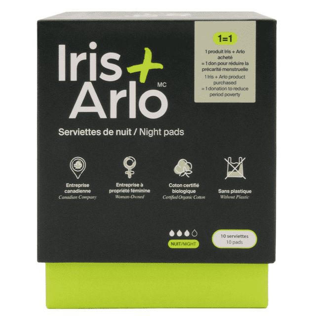 Iris + Arlo Organic Pads 100% Cotton | Super (10 Count) Sanitary Pads for Women + all Menstruators with Wings. The eco-friendly packaging features a black and green design with icons showcasing attributes such as Canadian company, woman-owned, certified organic cotton, and plastic-free materials. Includes 10 biodegradable pads designed for reliable leak-proof absorption, comfort, and feminine care.