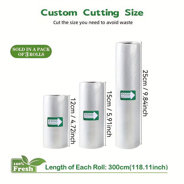 Bamboohart 3 Rolls of 3m Vacuum Sealing Bags (Different Sizes Combined) Reusable Free of BPA Food Protection Sealing Bags Food Freshness Bags Commercial Grade Food Vacuum Bags Food V