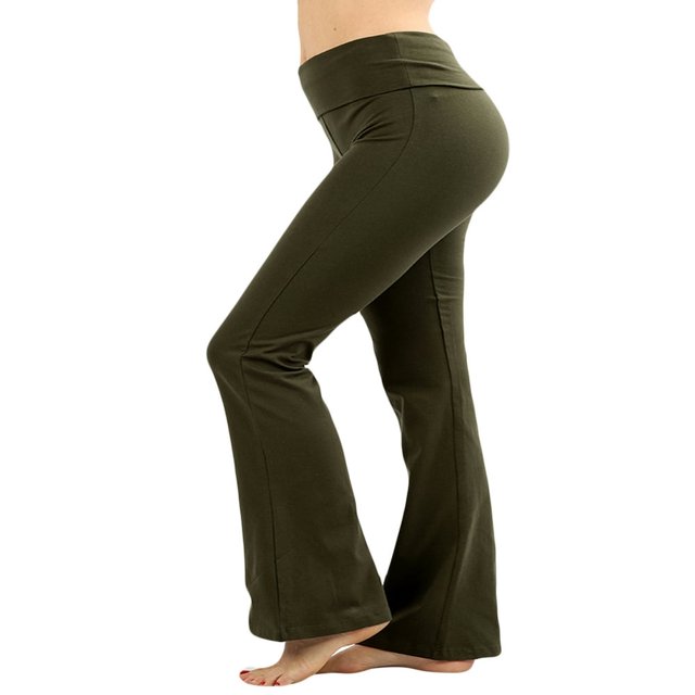 CHUANK Womens & Plus Stretch Cotton Fold-Over High Waist Bootcut Workout Flared Yoga Pants