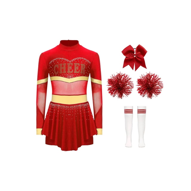 Aislor Tenue de Cheerleading pour Filles Enfants Halloween Cheer Leader Costume de Cosplay Rave Fête Danse Justaucorps Robe Rouge B 8
