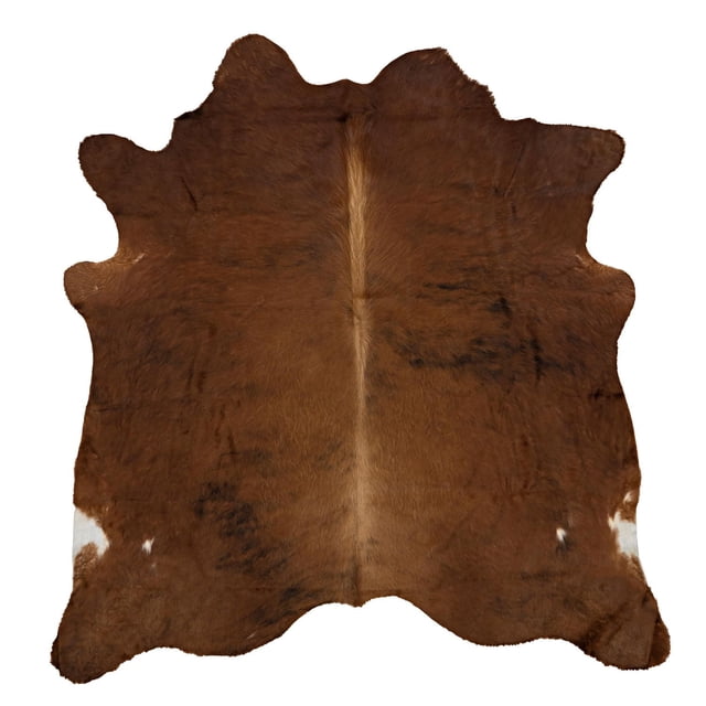 Cowhide Rug, Medium Brindle - Full Skin, oversized Brazilian natural cowhide with medium brindle brown and beige tones, irregular shape with natural scrapes and brand marks, suitable for layering or standalone use in rustic, modern, or boho home decor.