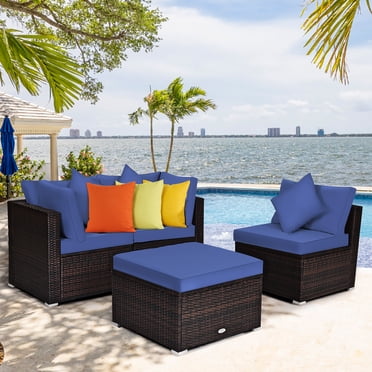 Costway 4PCS Patio Rattan Furniture Set Sofa Ottoman Cushion Garden Deck Navy