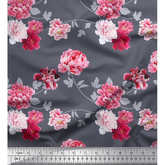 Soimoi Tissu Poly Georgette Roses et Feuilles Imprimé Floral Tissu au Mètre 42 Pouces de Large