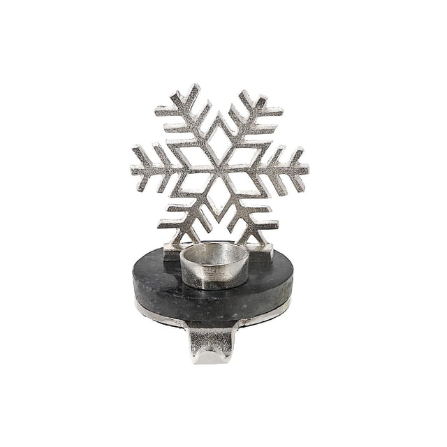Flocon de Neige de Noël avec Porte-Chaussettes Chauffe-Plat en Métal Argenté et Marbre Noir, Présentant un Motif de Flocon de Neige Détaillé sur une base Ronde en Marbre avec un Porte-Chaussettes Circulaire, Mesurant 6 par 4,5 par 6,5 Pouces, Idéal pour la Déco Intérieure des Fêtes d'Hiver et Convenant comme accent Décoratif au-Delà de l'Utilisation comme Bas.