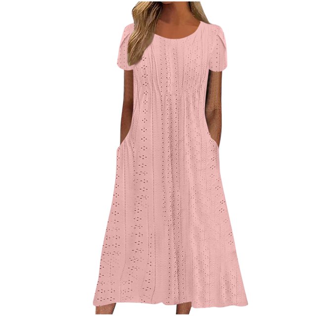 Ovzne Robes pour Femmes Robe Femme Robe d'Été Aguichant Mode Couleur Unie Poche à Volants Manches Courtes Robe à Col Rond Robe Grande Taille Manches Courtes Liquidation